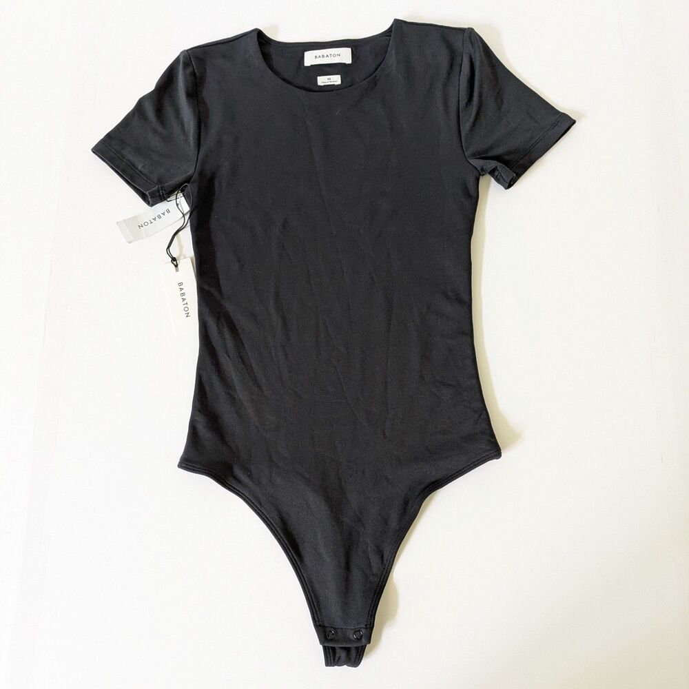 Babaton by Aritzia Contour Crew Short Sleeve Black Thong Bodysuit Size XS NWT